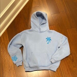 Pink palm puff “everything comes in waves” light blue hoodie size XS